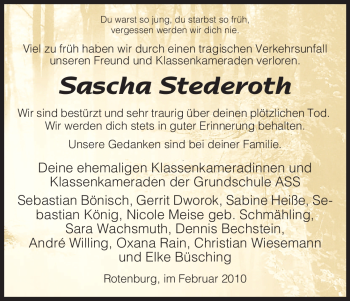 Traueranzeige von Sascha Stederoth von HNA