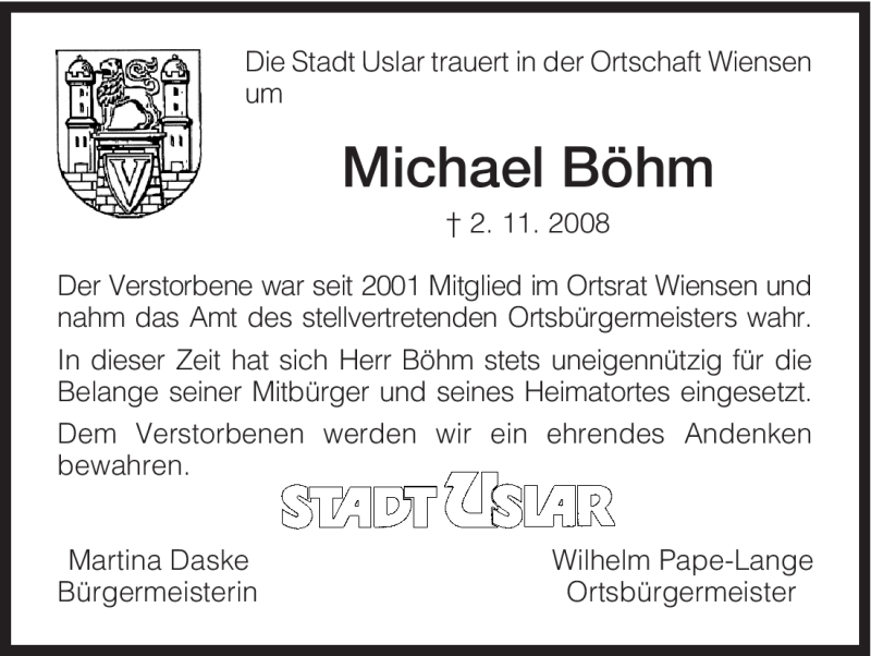  Traueranzeige für Michael Böhm vom 06.11.2008 aus HNA