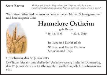 Traueranzeige von Hannelore Ostheim von HNA