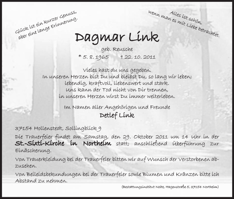  Traueranzeige für Dagmar Link vom 25.10.2011 aus HNA