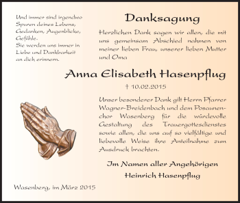 Traueranzeige von Anna Elisabeth Hasenpflug von HNA
