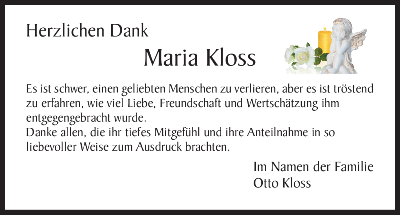  Traueranzeige für Maria Kloss vom 14.08.2012 aus HNA