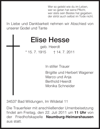 Traueranzeige von Elise Hesse von HNA