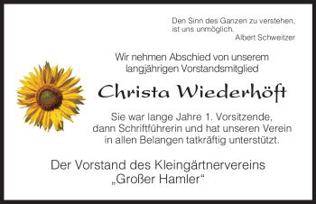 Traueranzeige von Christa Wiederhöft von HNA