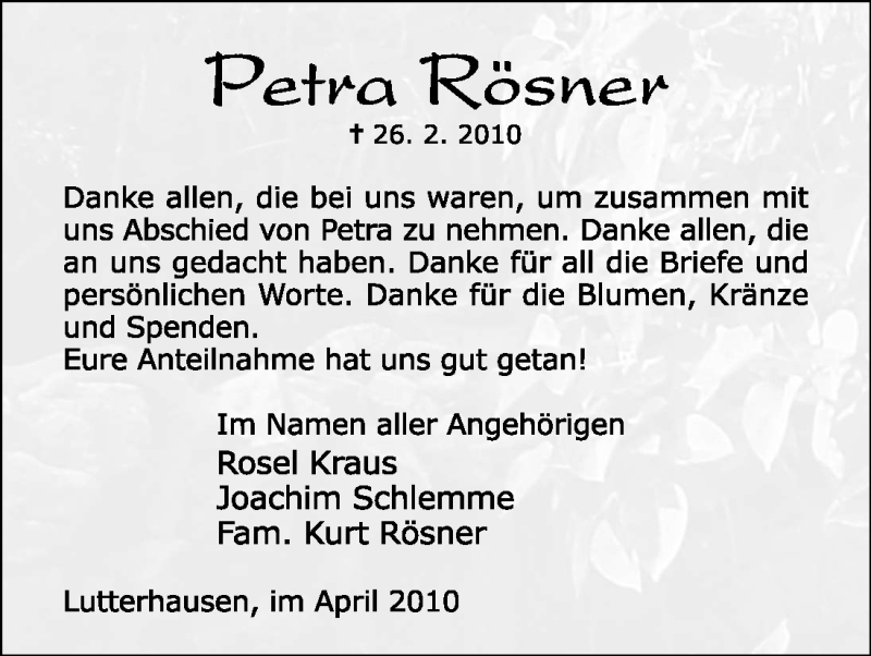  Traueranzeige für Petra Rösner vom 07.04.2010 aus HNA