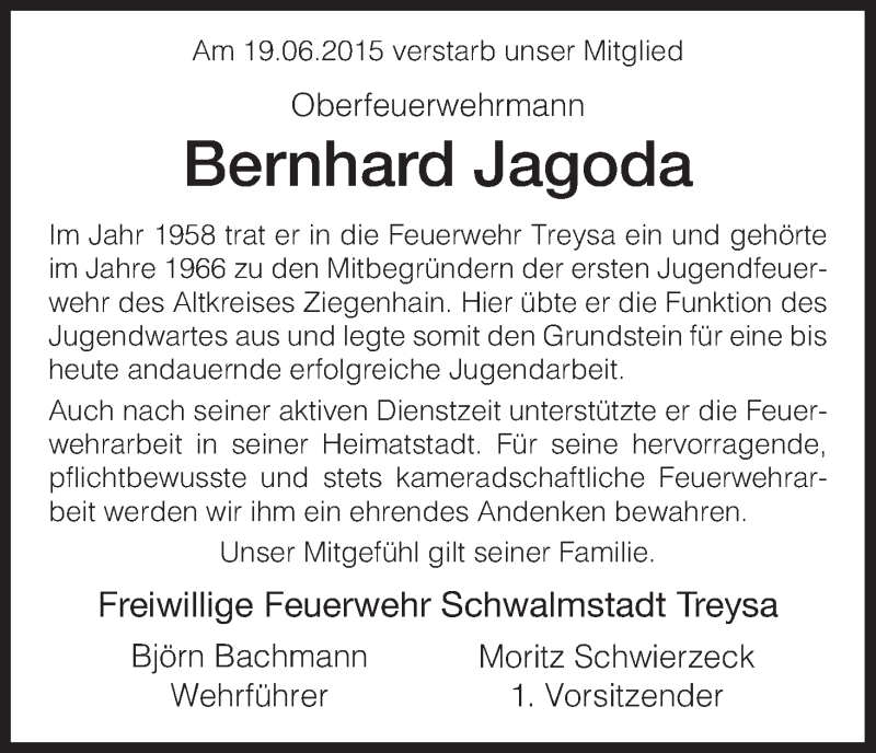 Traueranzeige für Bernhard Jagoda vom 25.06.2015 aus HNA