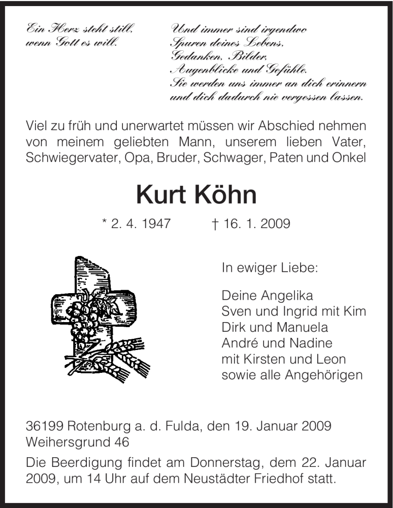  Traueranzeige für Kurt Köhn vom 20.01.2009 aus HNA