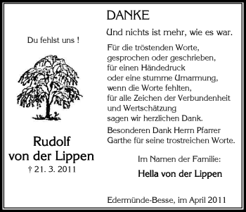 Traueranzeige von Rudolf von der Lippe von HNA