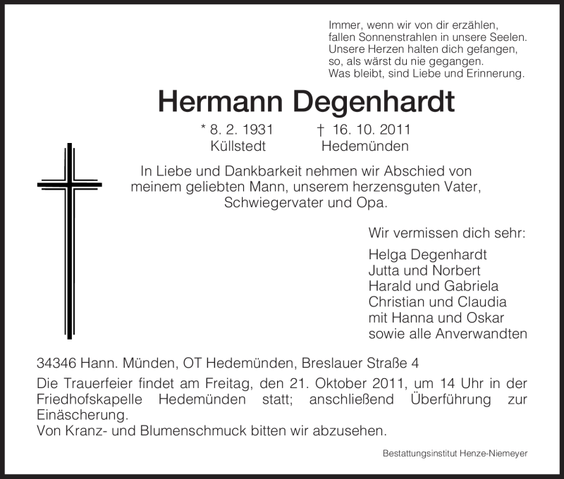  Traueranzeige für Hermann Degenhardt vom 19.10.2011 aus HNA