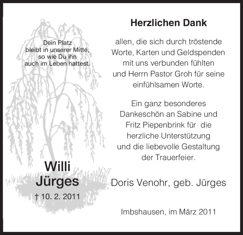  Traueranzeige für Willi Jürges vom 12.03.2011 aus HNA