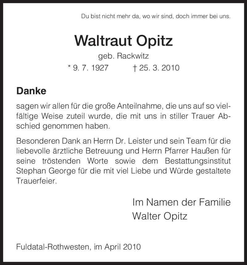  Traueranzeige für Waltraut Opitz vom 10.04.2010 aus HNA