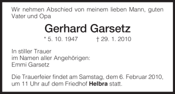 Traueranzeige von Gerhard Garsetz von HNA