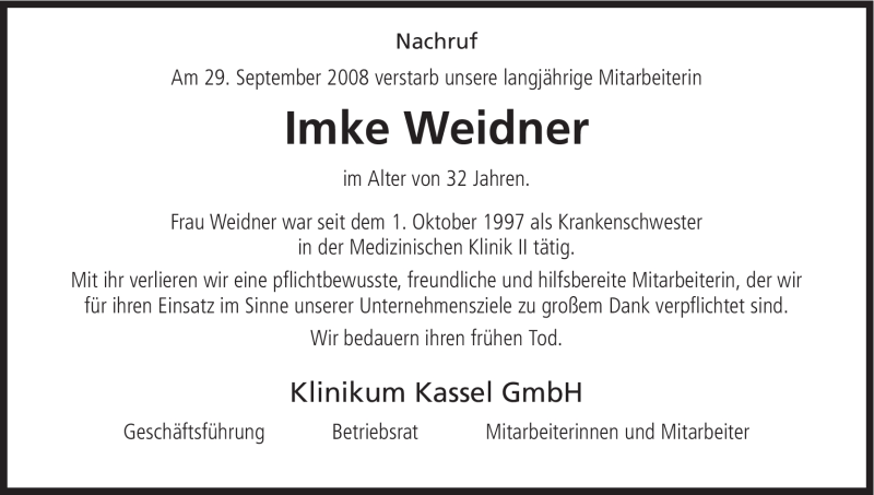  Traueranzeige für Imke Weidner vom 08.10.2008 aus HNA