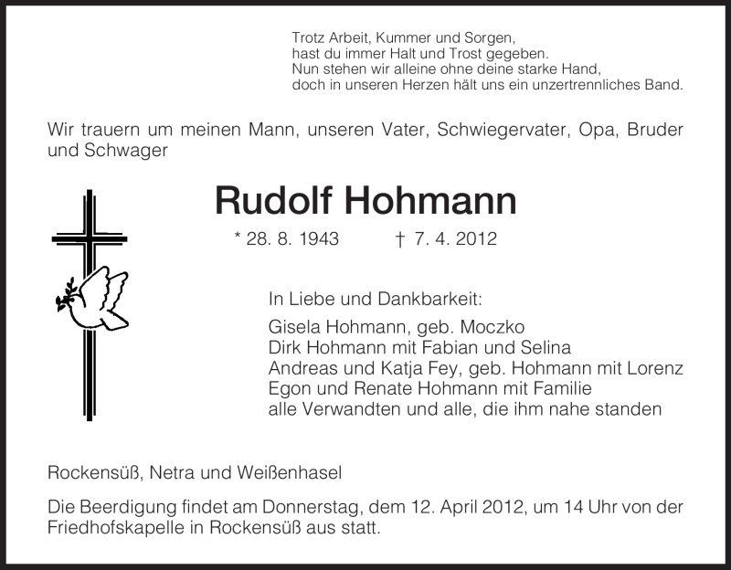  Traueranzeige für Rudolf Hohmann vom 11.04.2012 aus HNA