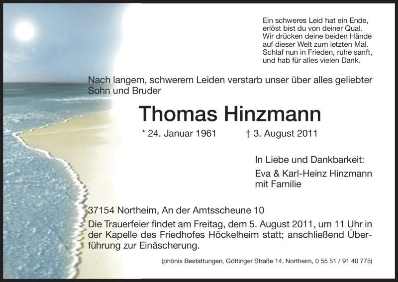  Traueranzeige für Thomas Hinzmann vom 04.08.2011 aus HNA