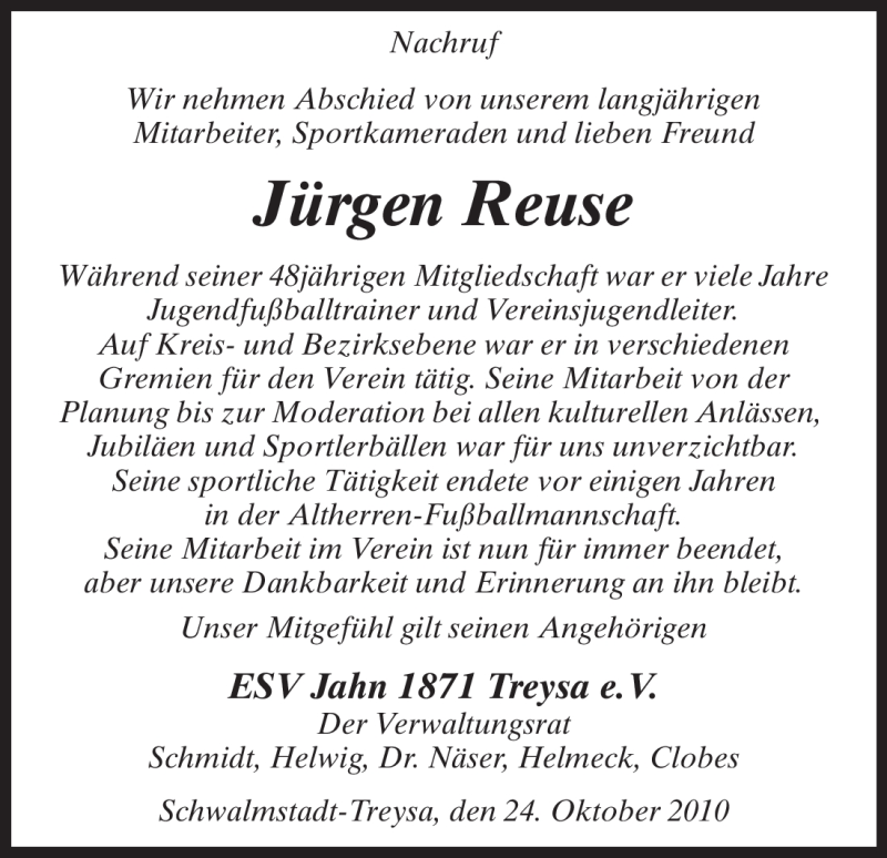  Traueranzeige für Jürgen Reuse vom 28.10.2010 aus HNA