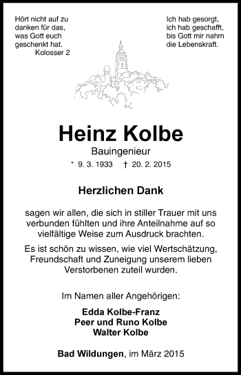 Traueranzeige von Heinz Kolbe von HNA
