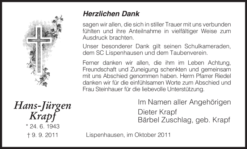  Traueranzeige für Hans-Jürgen Krapf vom 15.10.2011 aus HNA