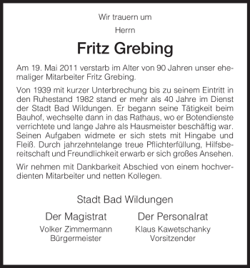 Traueranzeige von Fritz Grebing von HNA