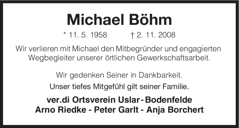 Traueranzeige für Michael Böhm vom 06.11.2008 aus HNA
