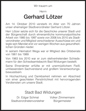 Traueranzeige von Gerhard Lötzer von HNA