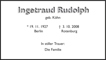 Traueranzeige von Ingetraud Rudolph von HNA