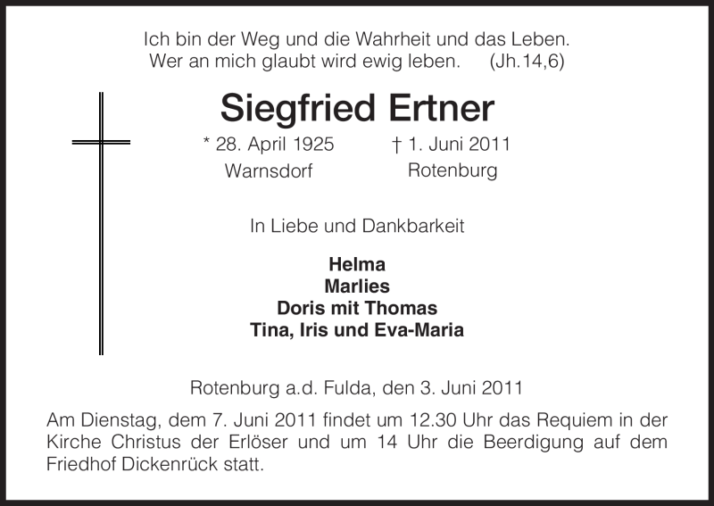  Traueranzeige für Siegfried Ertner vom 04.06.2011 aus HNA