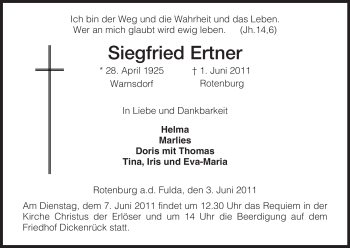 Traueranzeige von Siegfried Ertner von HNA