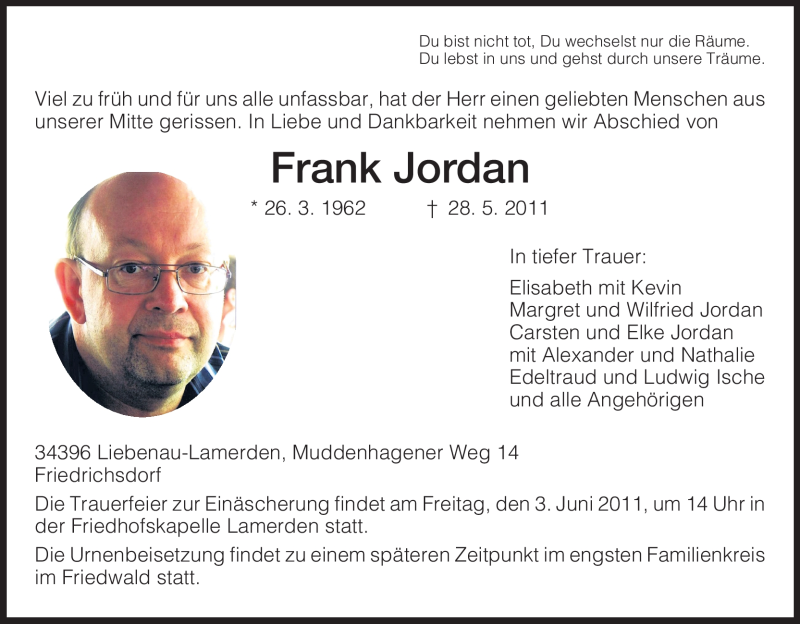  Traueranzeige für Frank Jordan vom 01.06.2011 aus HNA