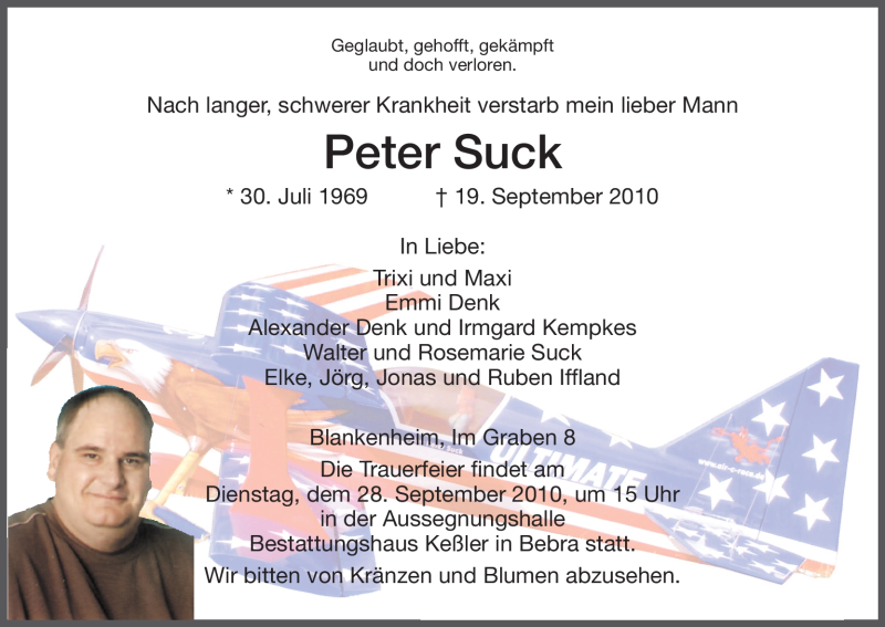  Traueranzeige für Peter Suck vom 25.09.2010 aus HNA