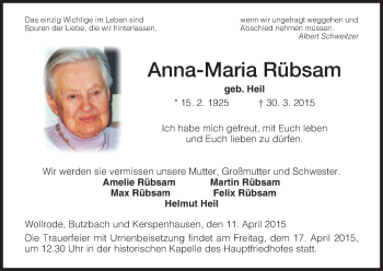 Traueranzeige von Anna-Maria Rübsam von HNA