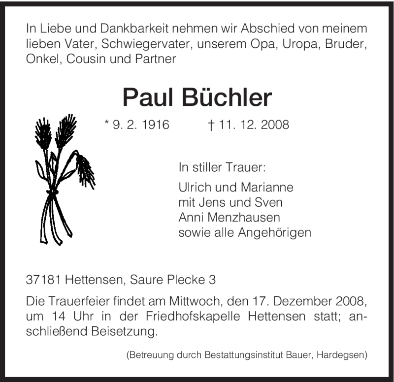  Traueranzeige für Paul Büchler vom 13.12.2008 aus HNA