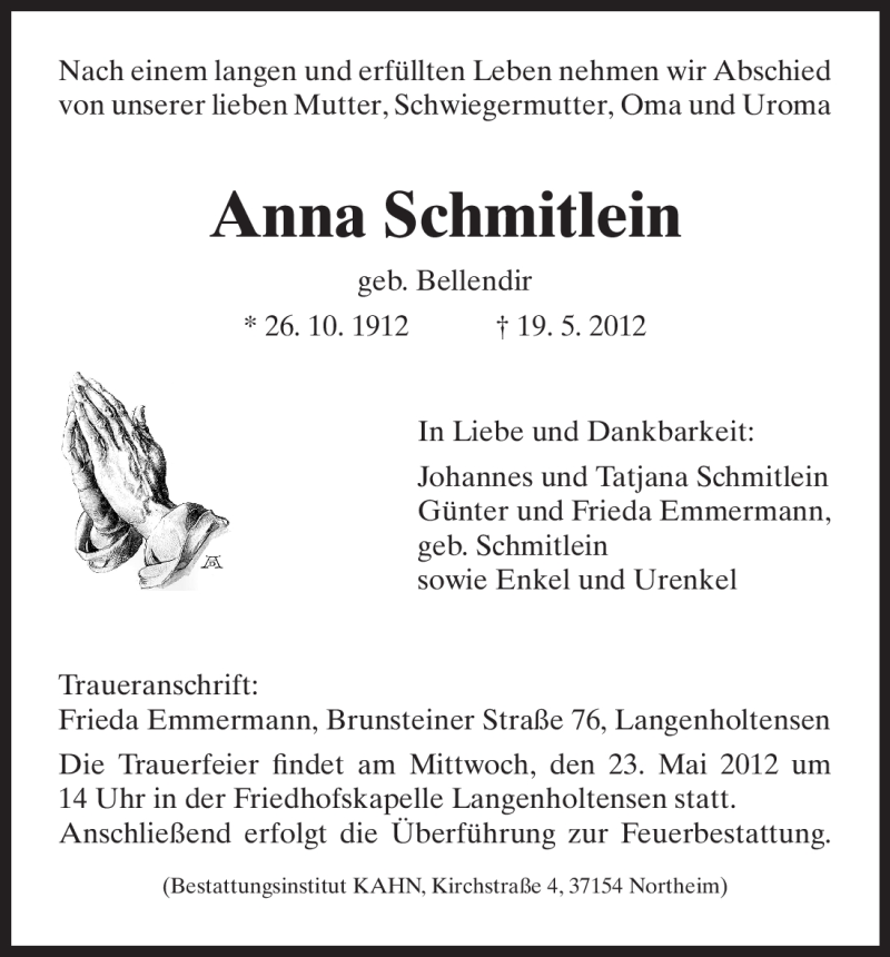  Traueranzeige für Anna Schmitlein vom 22.05.2012 aus HNA