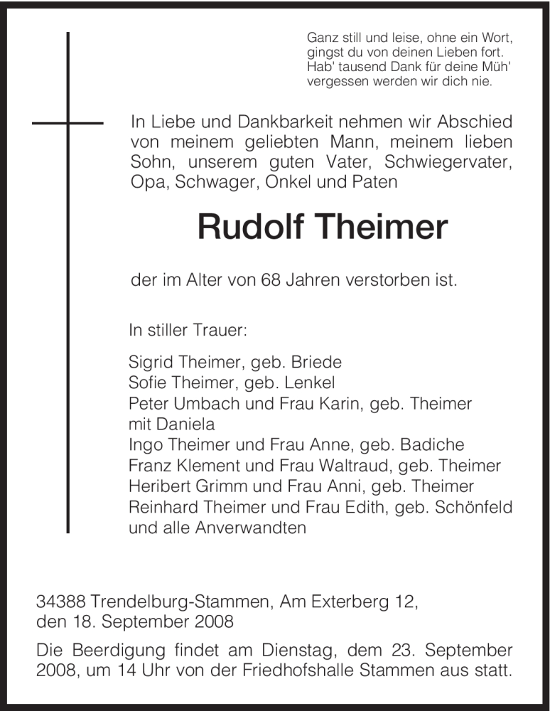 Traueranzeigen von Rudolf Theimer | Trauer.HNA.de