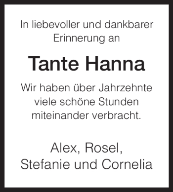 Traueranzeige von Tante Hanna von HNA