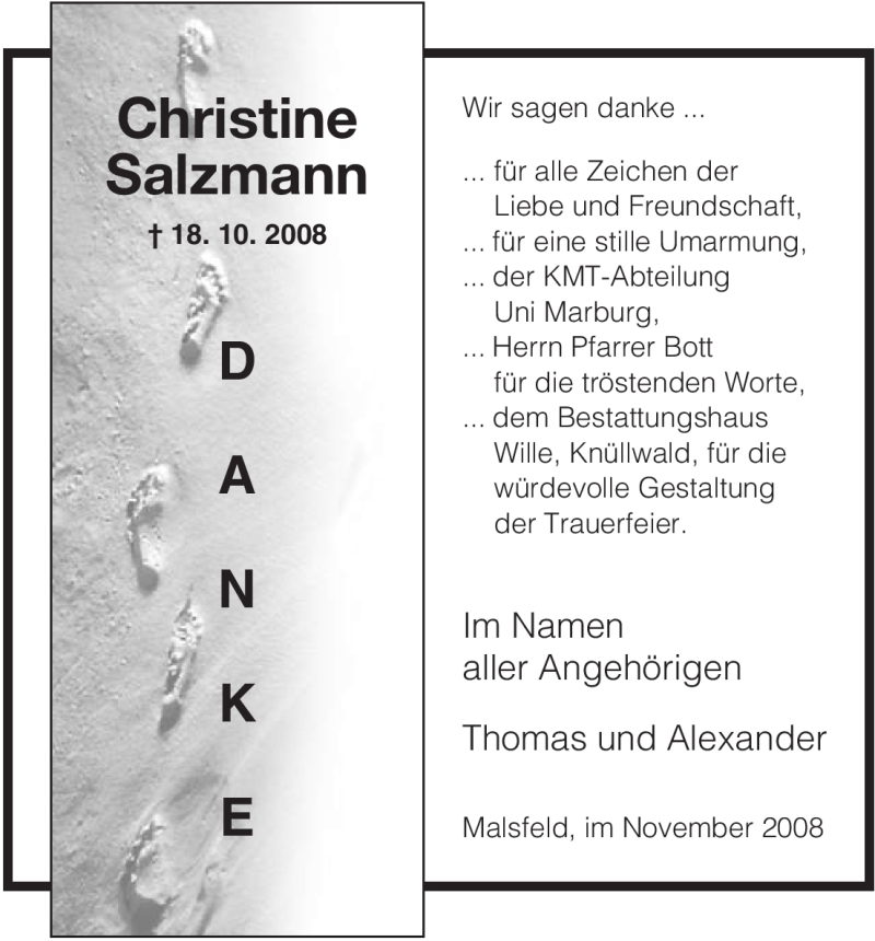  Traueranzeige für Christine Salzmann vom 29.11.2008 aus HNA