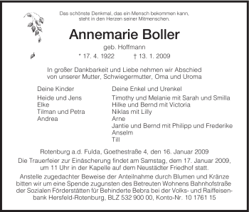 Traueranzeige von Annemarie Boller von HNA