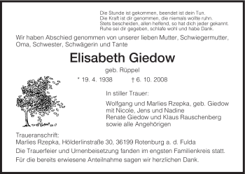 Traueranzeige von Elisabeth Giedow von HNA