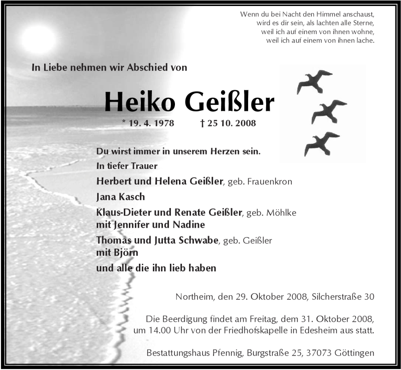  Traueranzeige für Heiko Geißler vom 29.10.2008 aus HNA