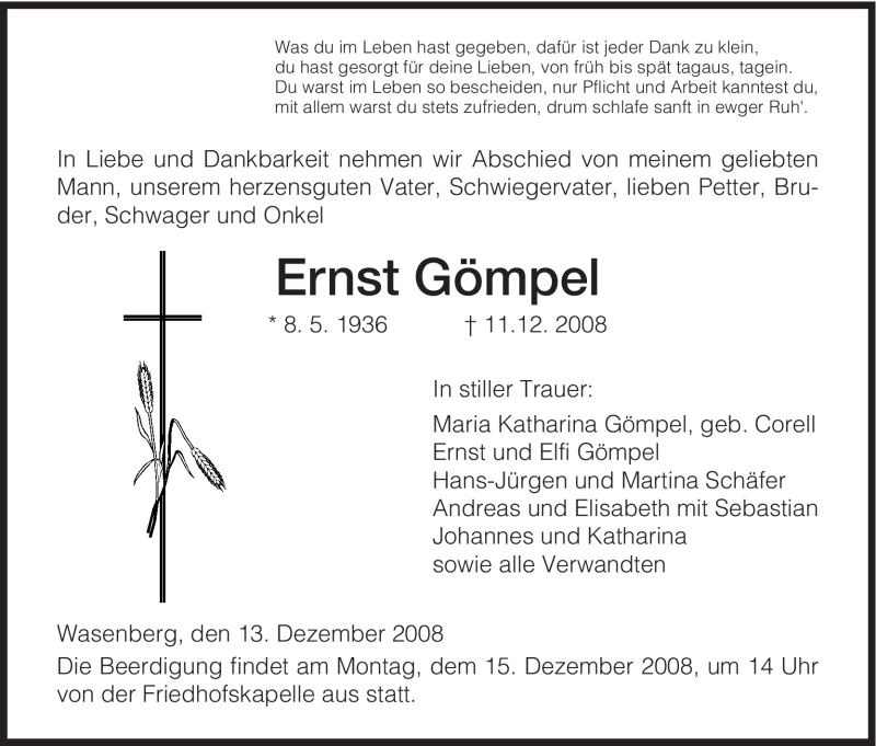  Traueranzeige für Ernst Gömpel vom 13.12.2008 aus HNA
