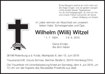 Traueranzeige von Wilhelm Witzel von HNA