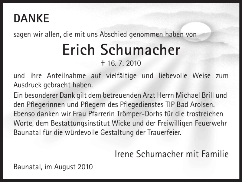  Traueranzeige für Erich Schumacher vom 28.08.2010 aus HNA