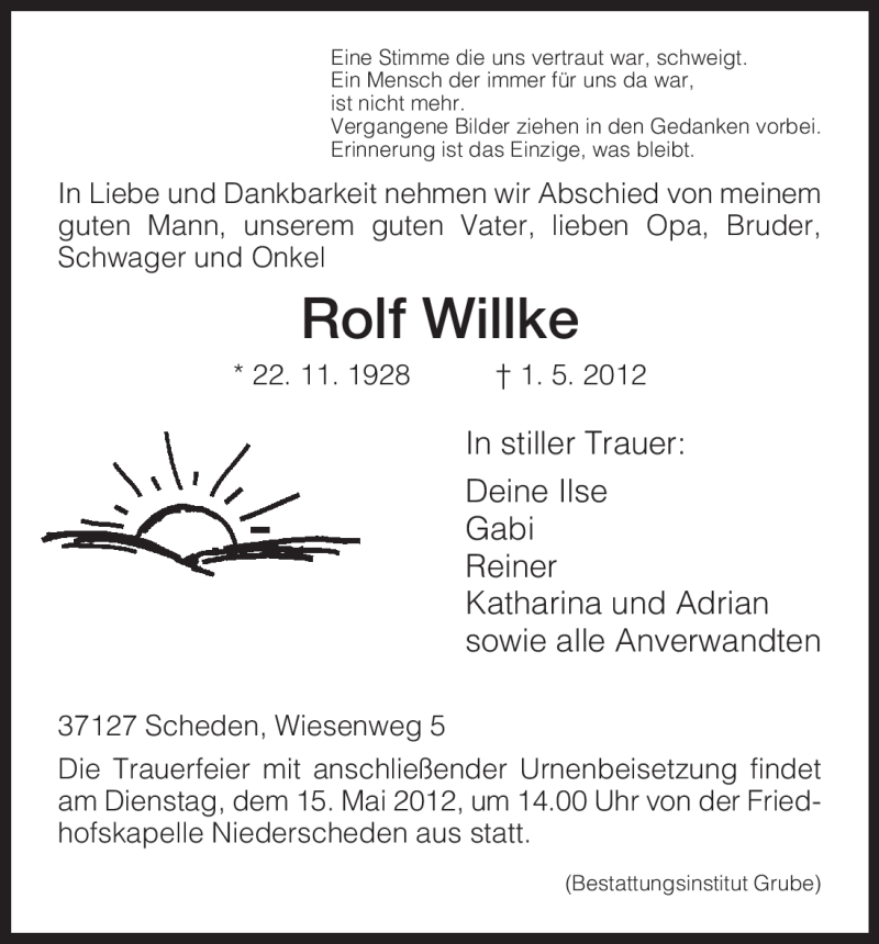  Traueranzeige für Rolf Willke vom 11.05.2012 aus HNA