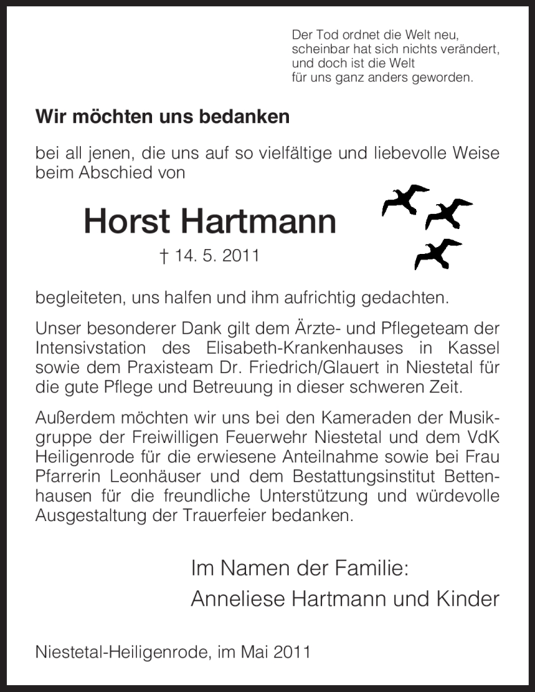  Traueranzeige für Horst Hartmann vom 28.05.2011 aus HNA