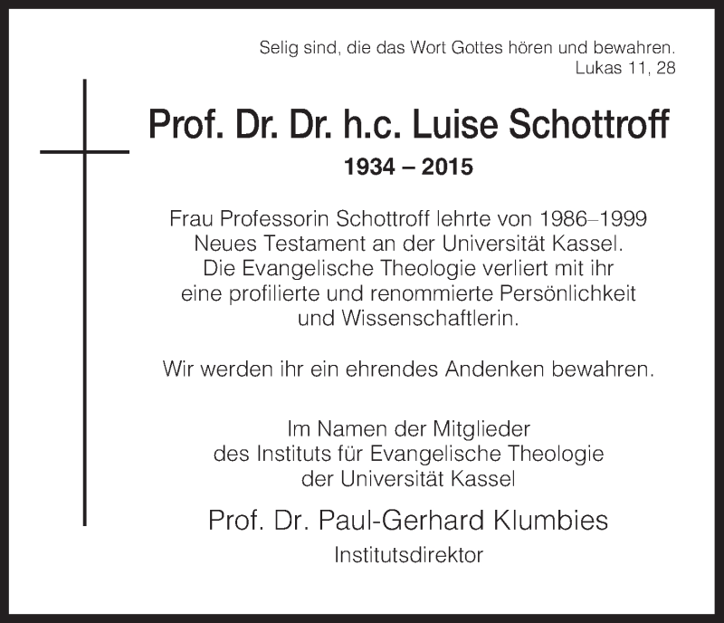  Traueranzeige für Luise Schottroff vom 14.02.2015 aus HNA