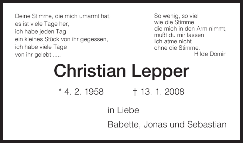  Traueranzeige für Christian Lepper vom 13.01.2009 aus HNA