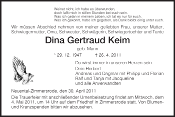 Traueranzeige von Dina Gertraud Keim von HNA