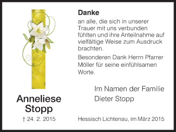 Traueranzeige von Anneliese Stopp von HNA