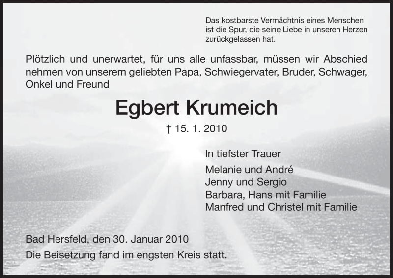  Traueranzeige für Egbert Krumeich vom 30.01.2010 aus HNA