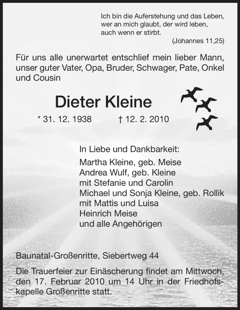  Traueranzeige für Dieter Kleine vom 15.02.2010 aus HNA